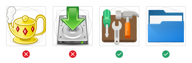 Two icons that are not in line with contemporary styles, and two that are.